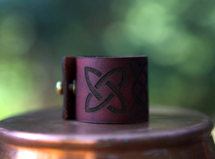 Leather Celtic Knot Shawl Cuff with Bronze Stud | Sunrise Grove