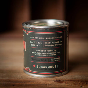 Cabin Fever Soy Candle with Wooden Wick | Sugarhouse Leather