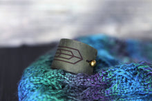 Load image into Gallery viewer, Art Deco Leather Shawl Cuff with Bronze Stud for Knitwear | Sunrise Grove