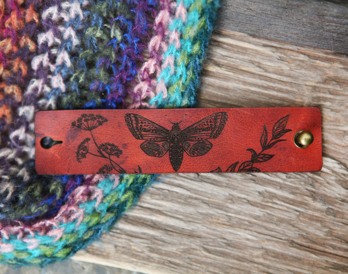 Leather Moth Shawl Cuff with Bronze Stud and Yarrow Plant | Sunrise Grove