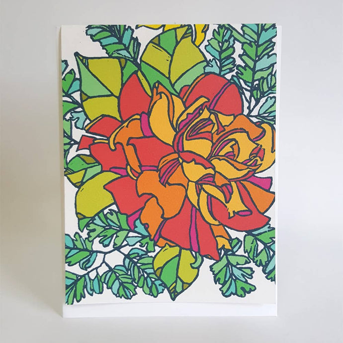 Little Green - Botanical Orange Rose Blank Note Card / Art Greeting Card