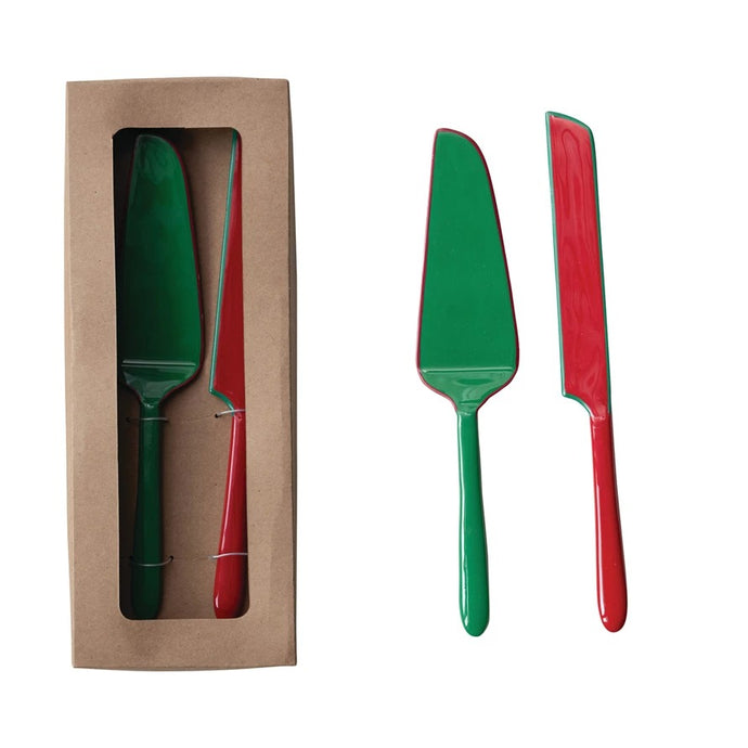 Holiday Enameled Cake Knife & Server Set | Creative Co-op