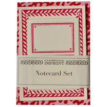 Load image into Gallery viewer, Notecard set with red and white design and 'Cambridge Imprint' branding.