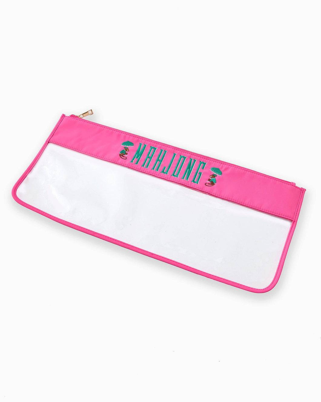 Pink and white pouch with 'Mahjong' text on a white background
