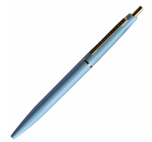 Load image into Gallery viewer, Vermeer blue ball point pen with gold ring in the middle of the pen, gold clip and button.