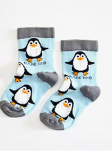 Load image into Gallery viewer, Sky blue socks with grey cuffs, heels and toes. Black and white penguins with orange beaks line the socks. The name Bare Kind is written in black under the first row of penguins.