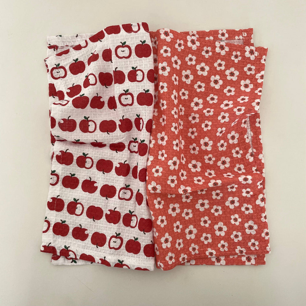 fort & field | 100% cotton red apple/flower kitchen dishcloths - set of 2