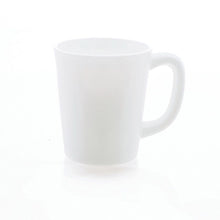 Load image into Gallery viewer, Smooth milky white glass with handle on white background; Bottom of glass reflecting off of white background beneath glass