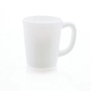 Smooth milky white glass with handle on white background; Bottom of glass reflecting off of white background beneath glass