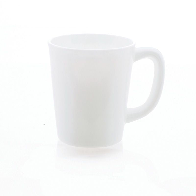 Smooth milky white glass with handle on white background; Bottom of glass reflecting off of white background beneath glass