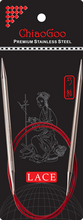 Load image into Gallery viewer, Stainless steel circular knitting needles with satin-sheen finish connected by red cable on black and red ChiaoGoo packaging; Packaging reads &quot;ChiaoGoo Premium Stainless Steel&quot; and &quot;LACE&quot; with image of woman knitting on background