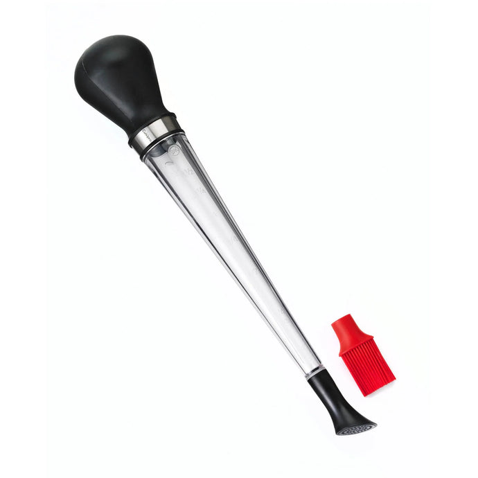 Baster with black ends and clear middle tube. Interchangeable bottom includes a red silicone brush attachment 