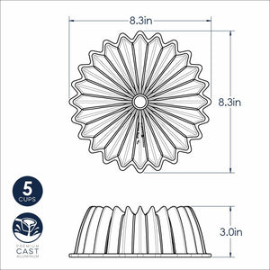 Sketches of bundt pan dimensions in black on white background; sketches of pan from the top and the side; Shows pan measuring 8.3" x 8.3" from side to side and 3.0" from top to bottom; "5 CUPS" and "PREMIUM CAST ALUMINUM" 