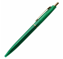 Load image into Gallery viewer, Clear green (translucent) ball point pen with gold ring in the middle of the pen, gold clip and button.